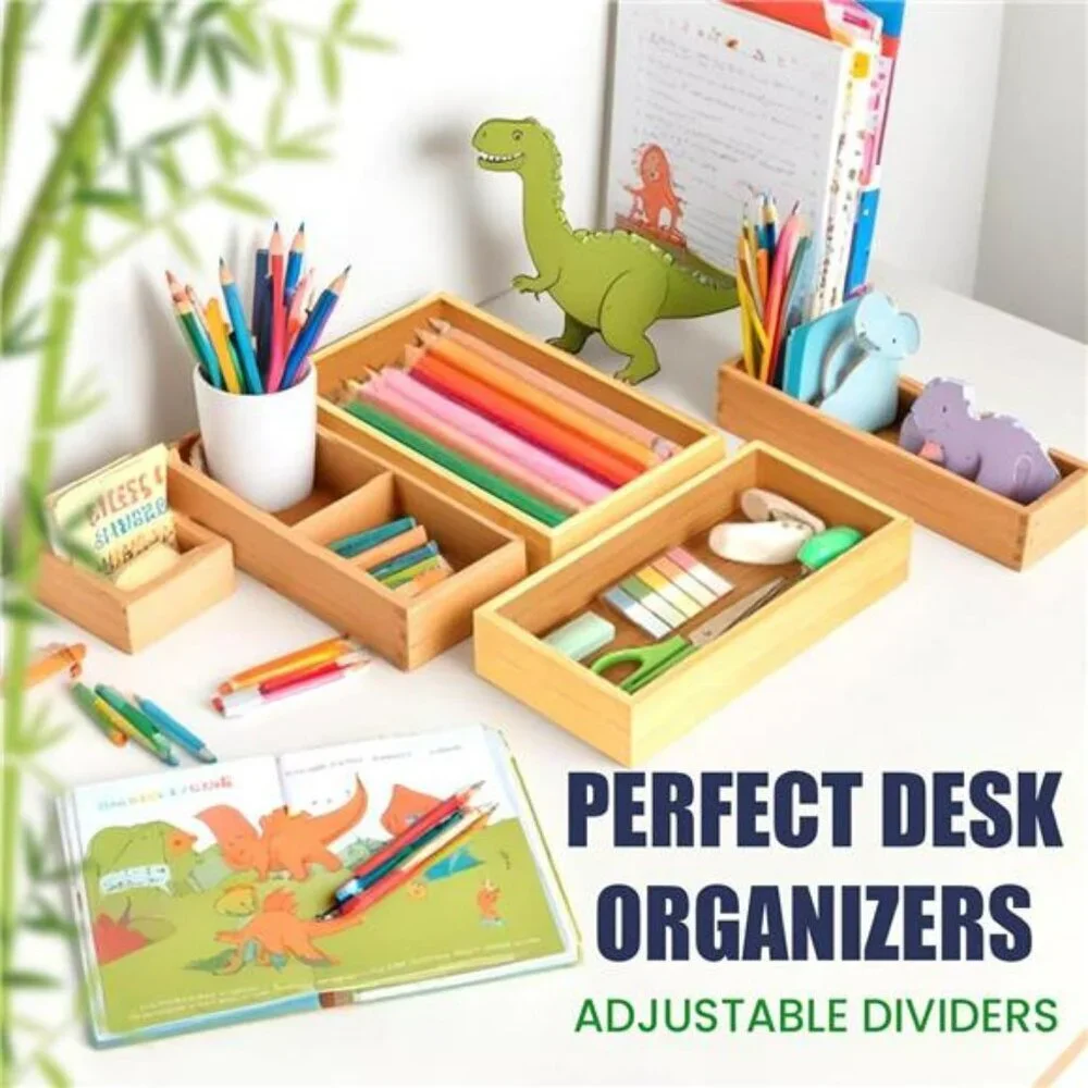 Bamboo drawer organizer set of 5 wooden storage trays kitchen desk vanity makeup